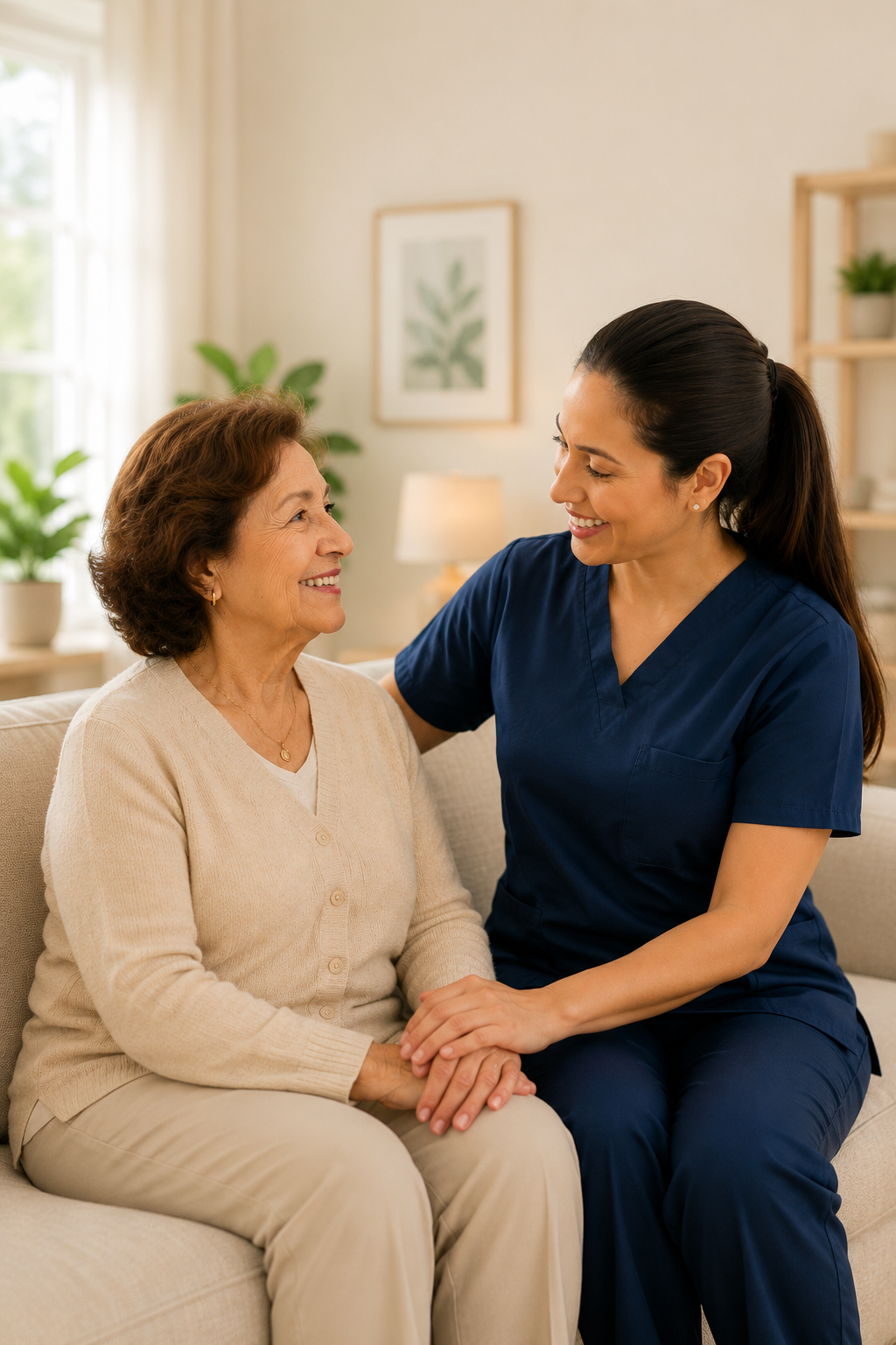 A Gentle Care home health caregiver and a smiling older woman sharing genuine eye contact at home, holding hands in a warm, dignified moment.