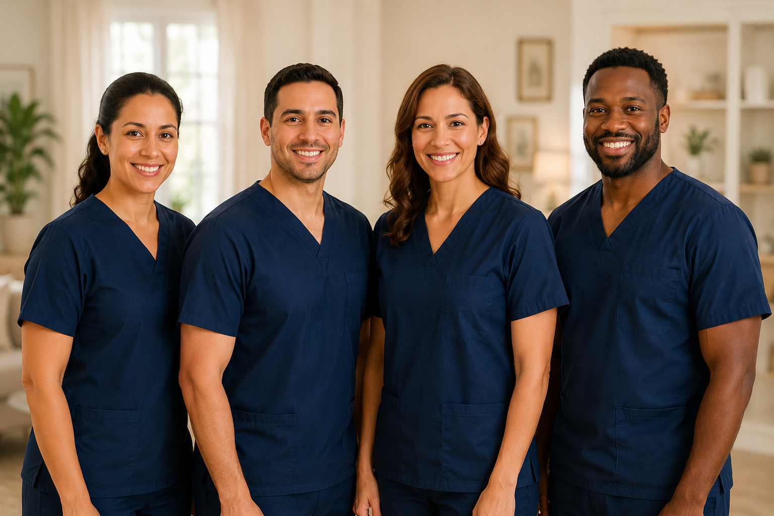 The Gentle Care team of four caregivers in navy scrubs, smiling together in a bright home.