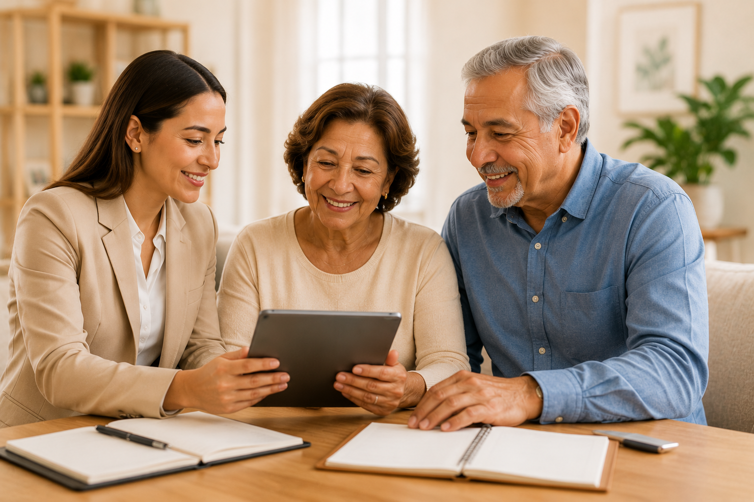 A Gentle Care advisor reviewing care options on a tablet with an older couple.