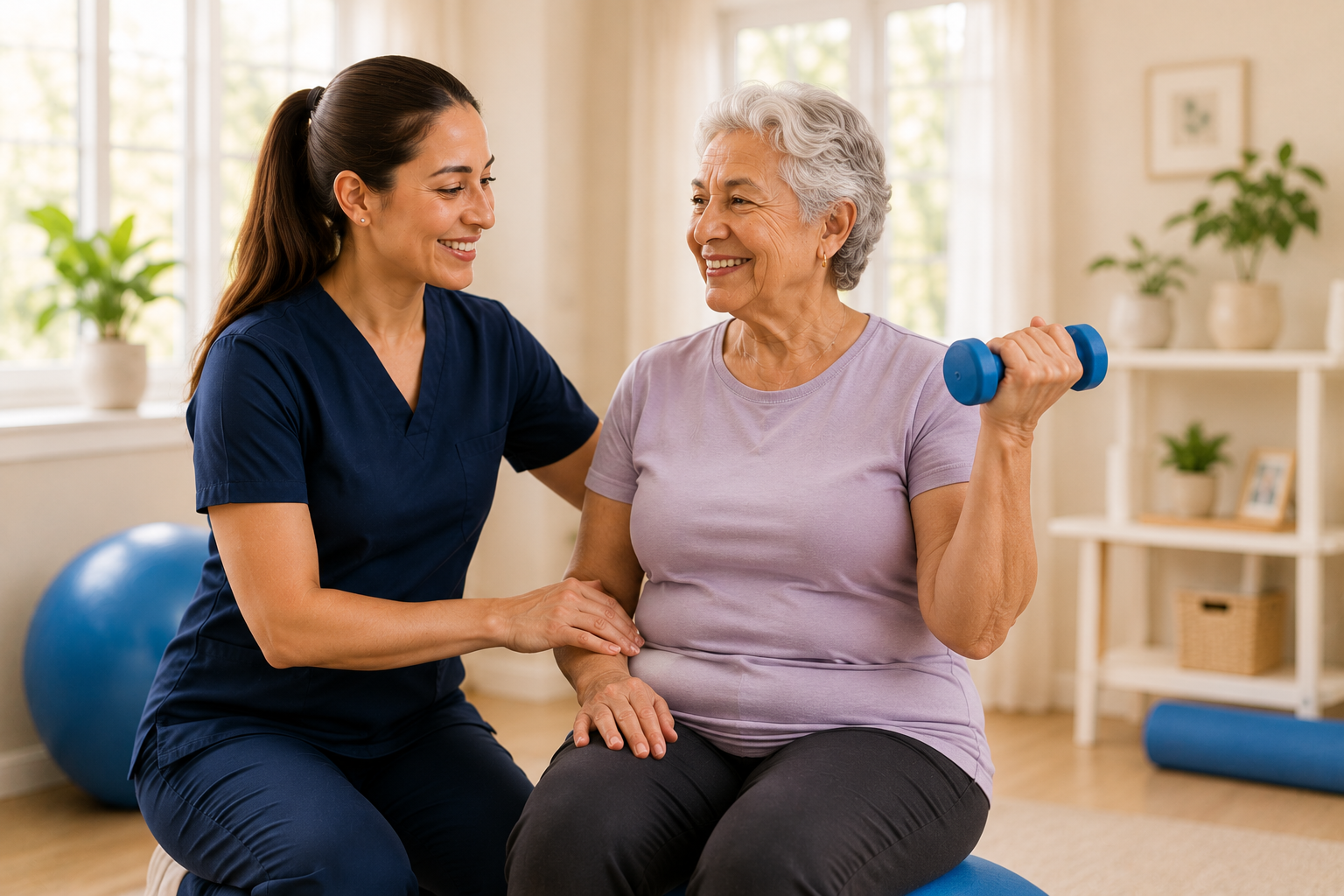 A Gentle Care therapist guiding an older woman through gentle in-home exercise.