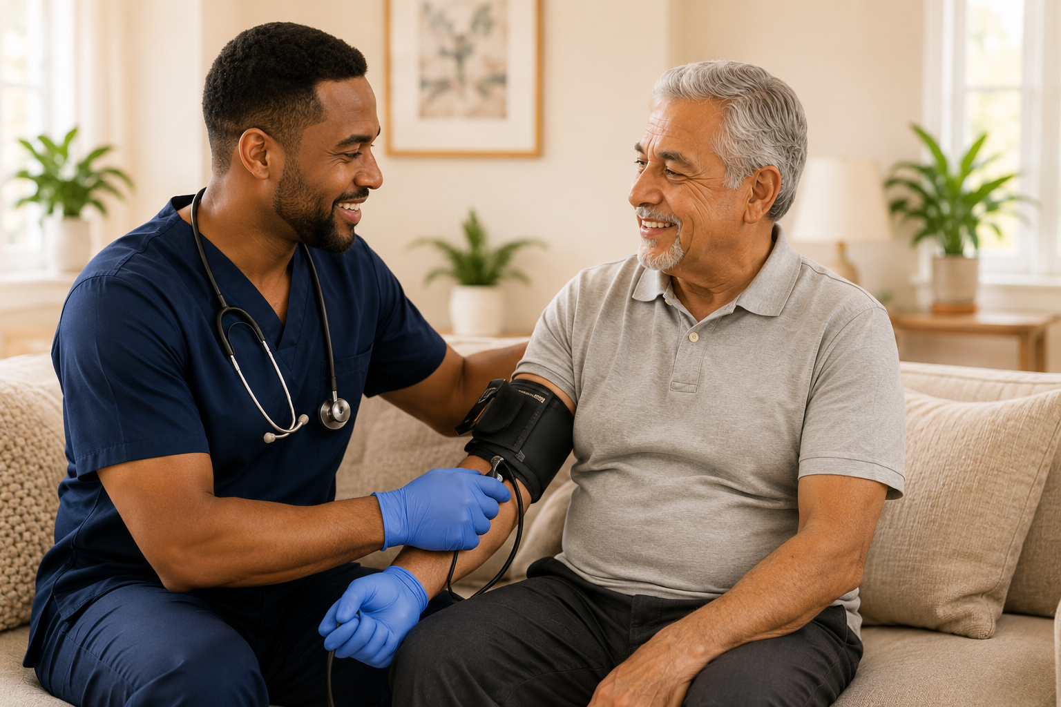 A Gentle Care nurse checking in on an older man during a warm home visit.