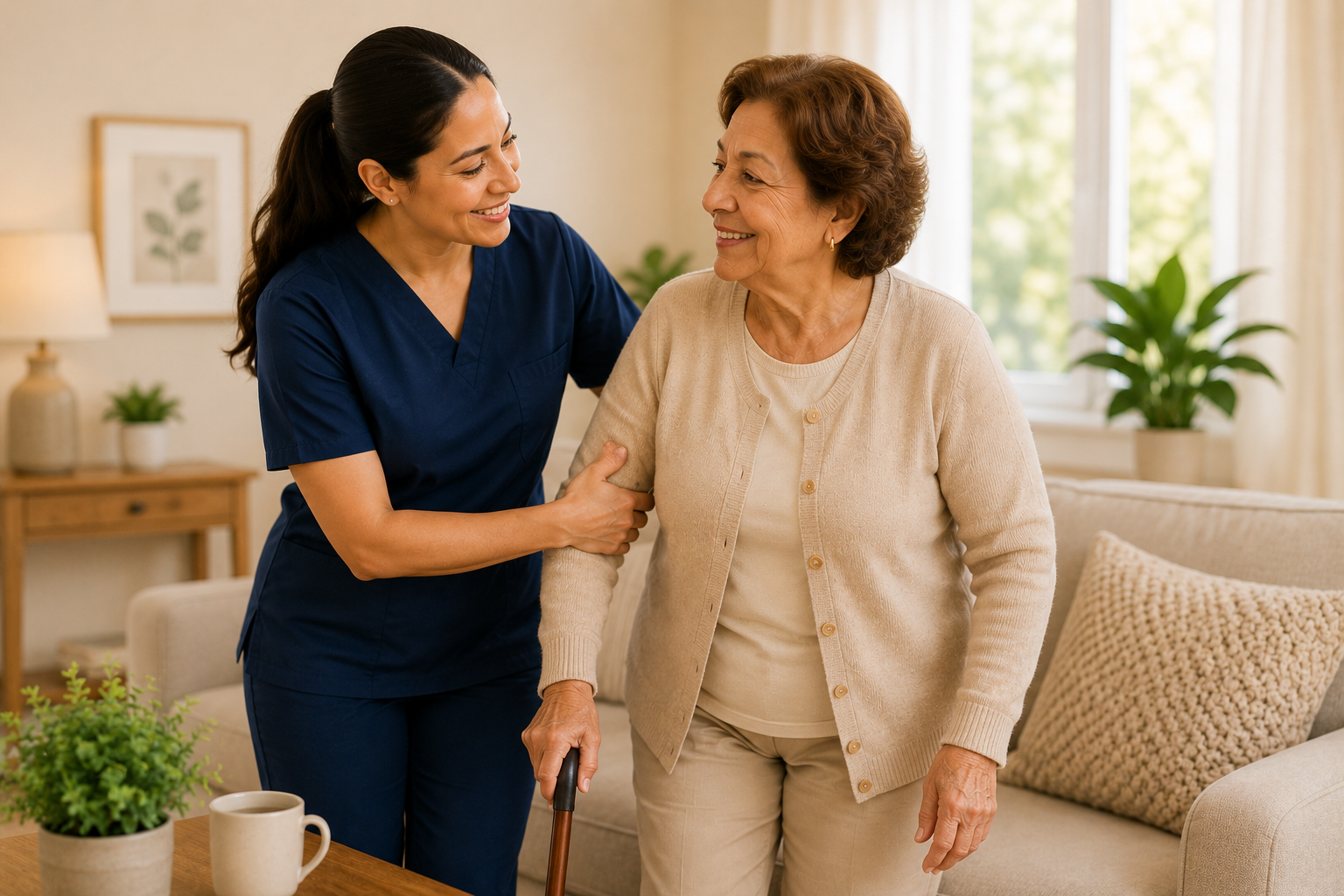 A Gentle Care caregiver helping an older woman with everyday care at home.