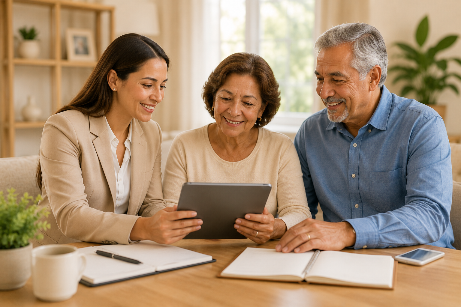 A Gentle Care caregiver reviewing a care plan on a tablet with an older couple at their kitchen table.