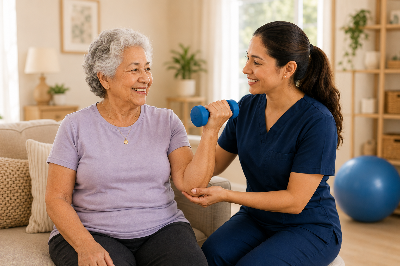 A Gentle Care caregiver sitting beside a smiling older woman at home, sharing a calm, reassuring moment.