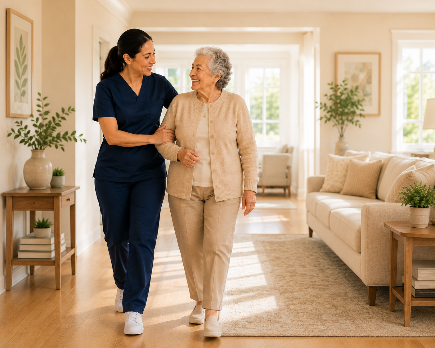 A Gentle Care nurse walking arm-in-arm with a smiling older woman at home.